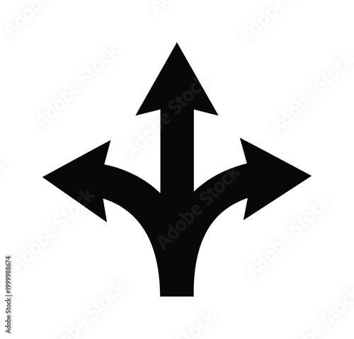 Tableau sur toile Black three-way arrow icon, multiple direction symbol, decision-making path, bra