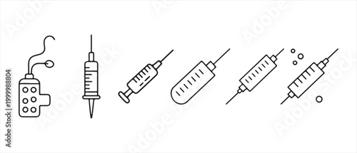 Medical Syringe Icons Set. with Vaccine Vials in Minimalist Line Art Style for Healthcare Design.