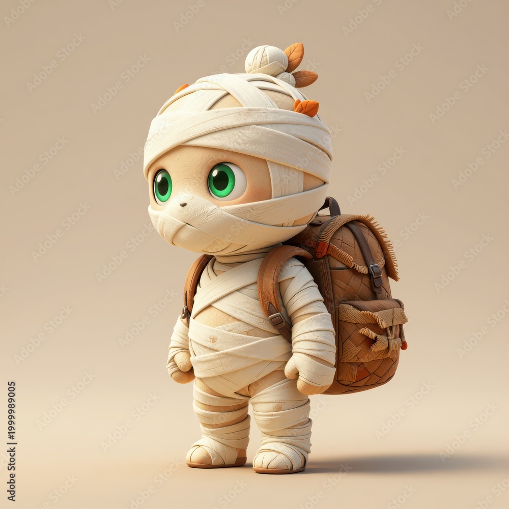Obraz premium Cute Cartoon Mummy Character with Backpack Standing