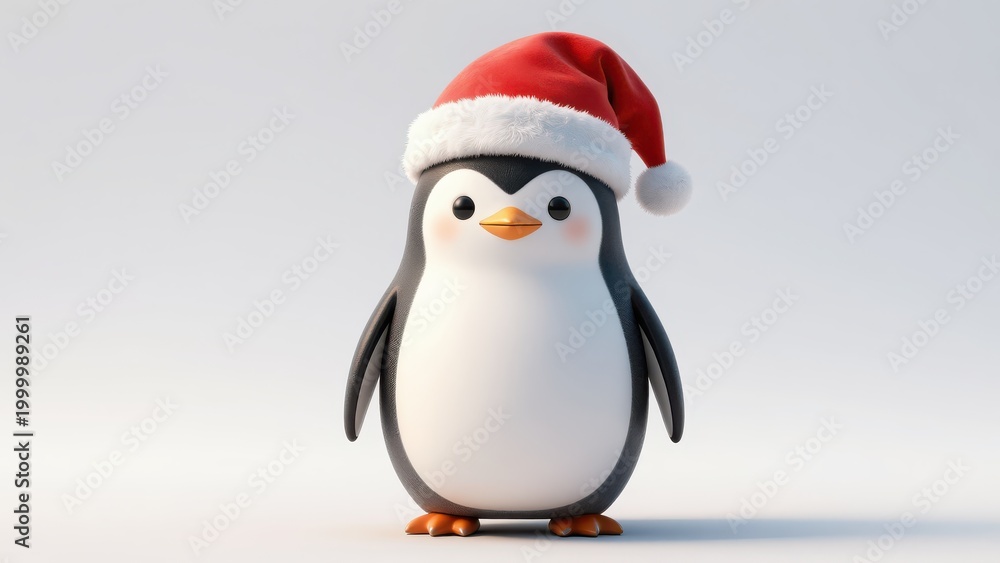 Fototapeta premium Cute Penguin Wearing Red Santa Hat on White Background