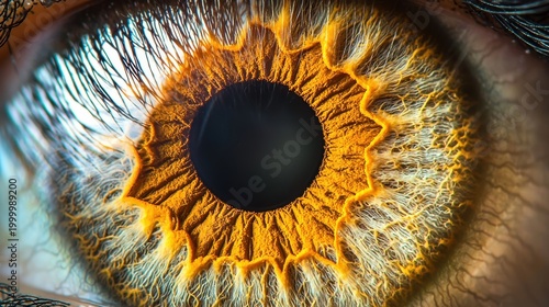 Iris melanin patterns macro photography golden brown pigmentation pupil center radiating natural texture lines fiber geometric formations closeup detail
