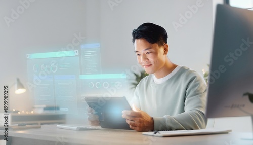 Young man using tablet with virtual dashboard analytics in modern workspace, business data and technology concept