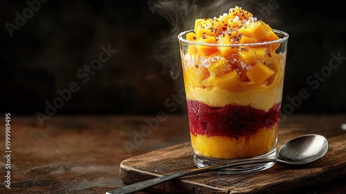 Premium mango chamoyada dessert with distinct layers in clear glass topped with fresh mango chunks and chili seasoning on rustic wooden board