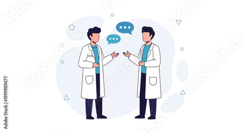 Two doctors in lab coats discussing medical information with speech bubbles