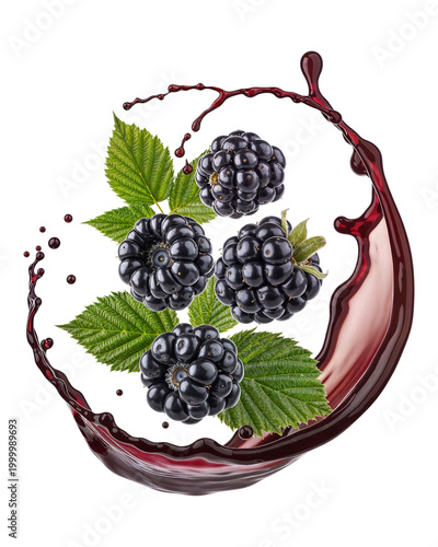 Fresh blackberries with dark berry juice splash and green leaves floating in air on transparent background