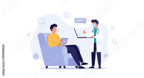 Doctor consulting patient online with laptop and tablet, telemedicine concept