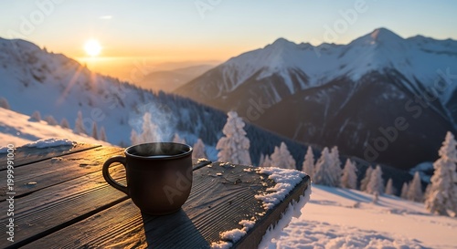 Steaming beverage rests on a wooden surface overlooking snowy mountain ranges at sunrise