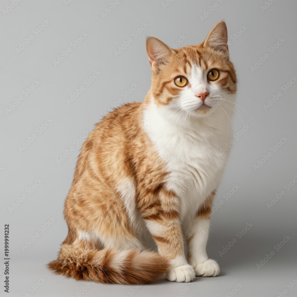 Obraz premium Ginger and White Tabby Cat Sitting Upright Against Gray Background
