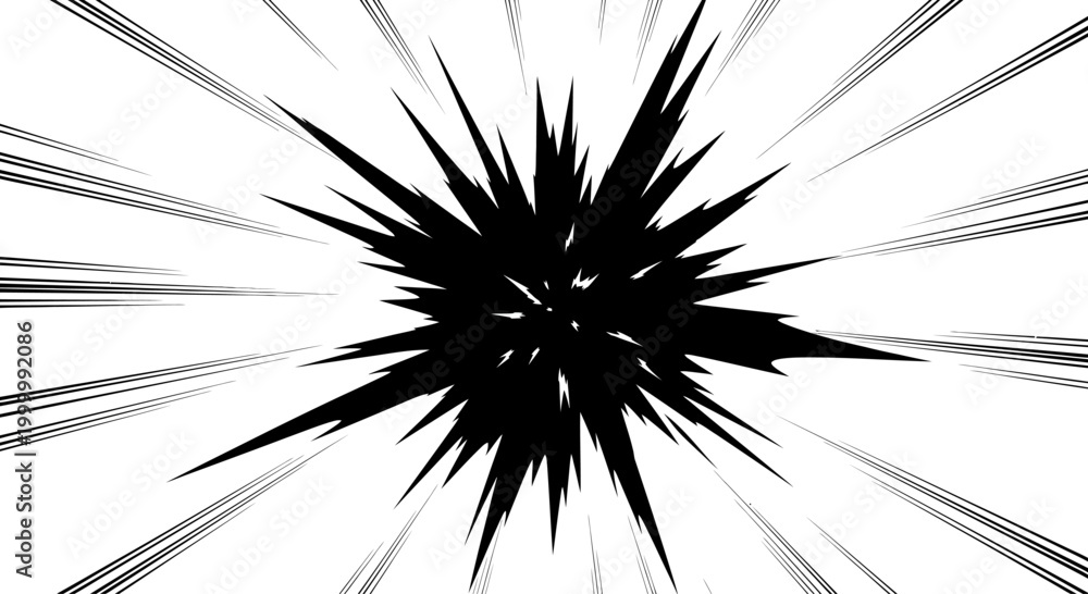 Naklejka premium Abstract manga style black impact explosion shape with dynamic speed lines.