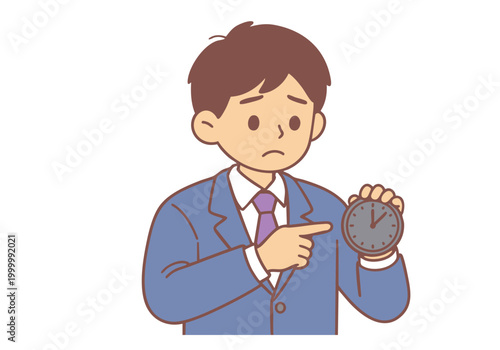 Business, expression, wait. Young worried unhappy businessman guy clerk manager hurry and pointing to watch time. Impatience and deadline delay Hand drawn style vector design illustrations.