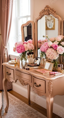 Ornate dressing table displays makeup and pink floral arrangements near a bright window.