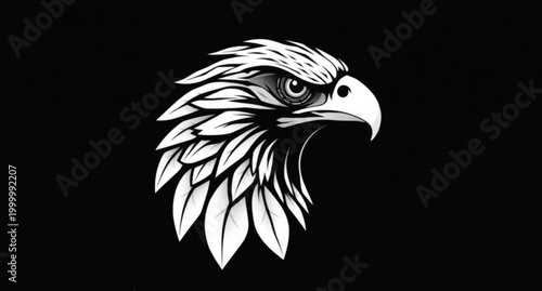 A powerful bald eagle head vector illustration featuring a black wildlife mascot symbol with a sharp beak and feathers isolated on white for a wild nature tattoo or freedom drawing