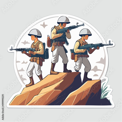Three soldiers with rifles on a rocky outcrop