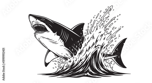 Photos Shark, jumping shark, monochrome illustration, ocean wave, aquatic animal