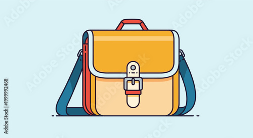 Classic school satchel or messenger bag in yellow and blue colors with a buckle and shoulder strap shown in a flat vector design style.