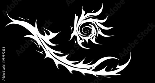 Ornate tribal tattoo design with wings features a vector pattern of floral swirls and fire elements combined into a vintage nature illustration symbol