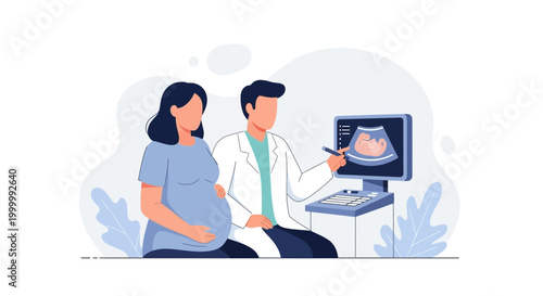 Doctor showing ultrasound of baby to pregnant woman, medical checkup, healthcare concept