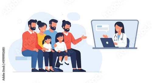 Family consults doctor online via video call, telemedicine concept