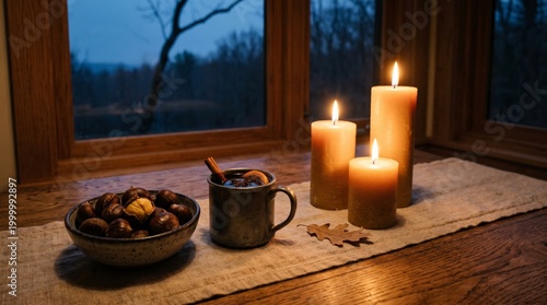 Cozy winter evening with mulled wine and roasted chestnuts