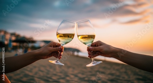 Two Hands Clink White Wine Glasses Beach Sunset