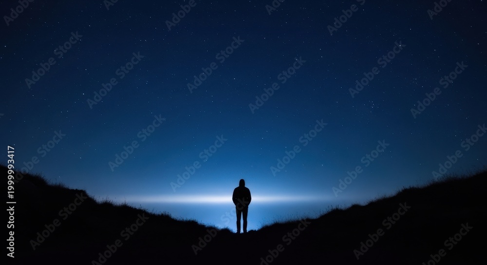 Fototapeta premium Person silhouetted against starry night sky