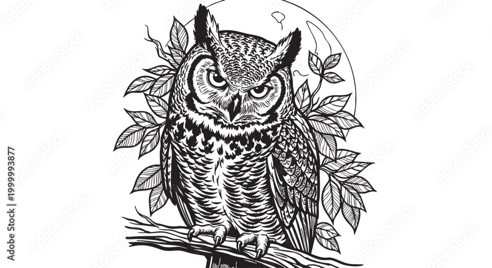 Obraz premium Owl illustration, black and white, vector, wildlife, nocturnal bird, tree branch
