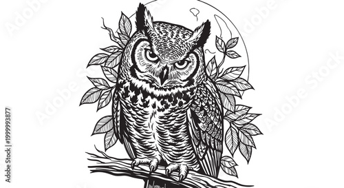 Owl illustration, black and white, vector, wildlife, nocturnal bird, tree branch
