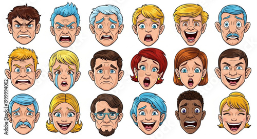 Diverse Cartoon Faces Emotions.