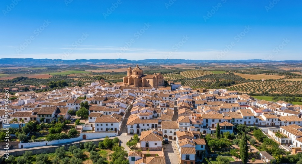 Fototapeta premium Aerial View White Village Church Andalusia Spain
