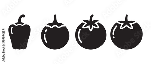 Black Vegetable Icon Set. Featuring Bell Pepper and Fresh Organic Tomatoes on White Background.