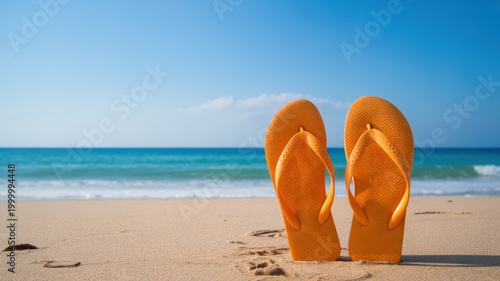 Orange flip flop standing on a sandy beach with turquoise ocean and blue sky