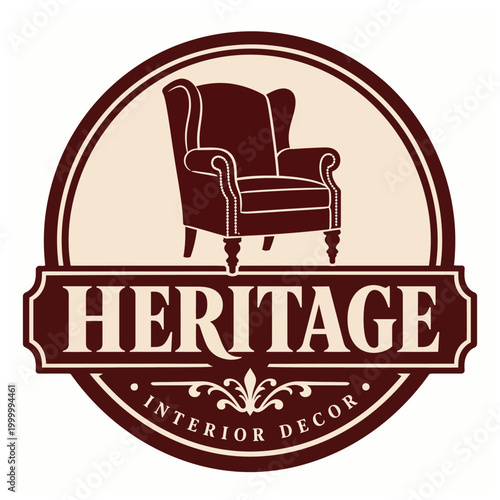 Vintage style heritage interior decor logo design with classic armchair illustration.