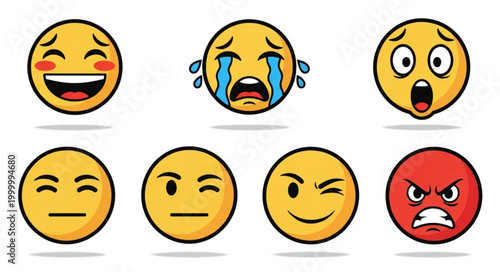 Diverse Emoji Faces Expressing Various Emotions and Feelings.