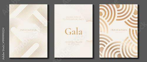 Luxury art deco gala invitation card vector set. Elegant gold geometric event template with curved line ornament, abstract circle pattern and premium party design.