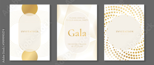Luxury art deco gala invitation card vector set. Elegant navy blue and gold geometric party template with halftone dots, line ornament and premium event design.