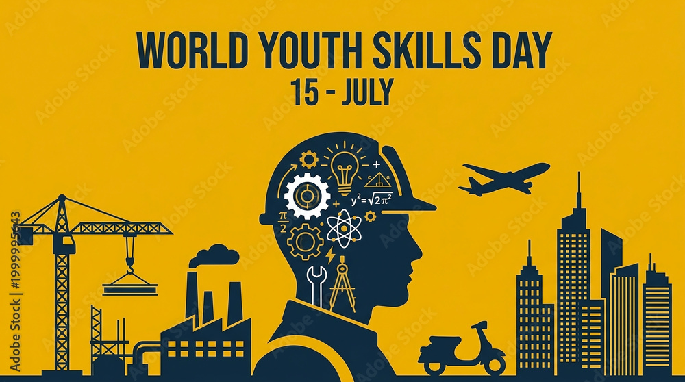 Obraz premium Graphic illustration for World Youth Skills Day featuring industrial icons inside a human head silhouette