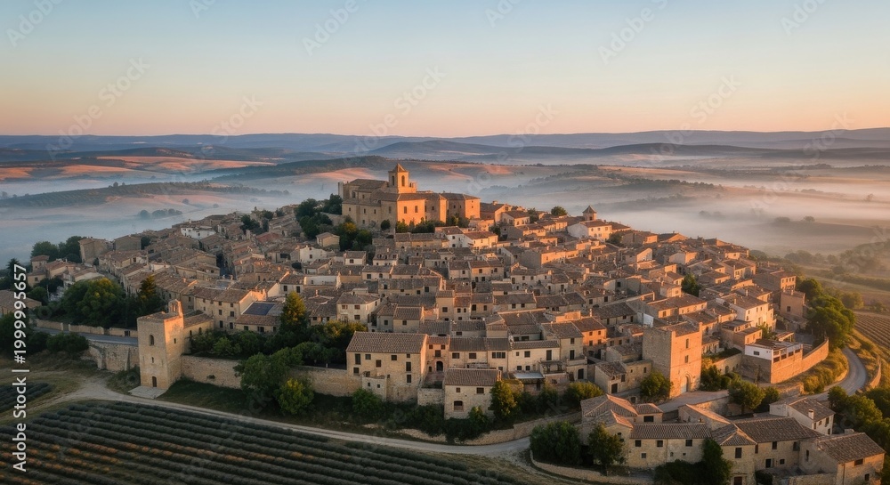 Fototapeta premium Tuscan Village Sunrise Foggy Landscape Aerial