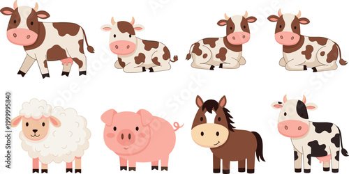 Cuadro en lienzo Kawaii Farm Animals Including Cows, Sheep, Pigs, and Horses for Cute, Animal, an