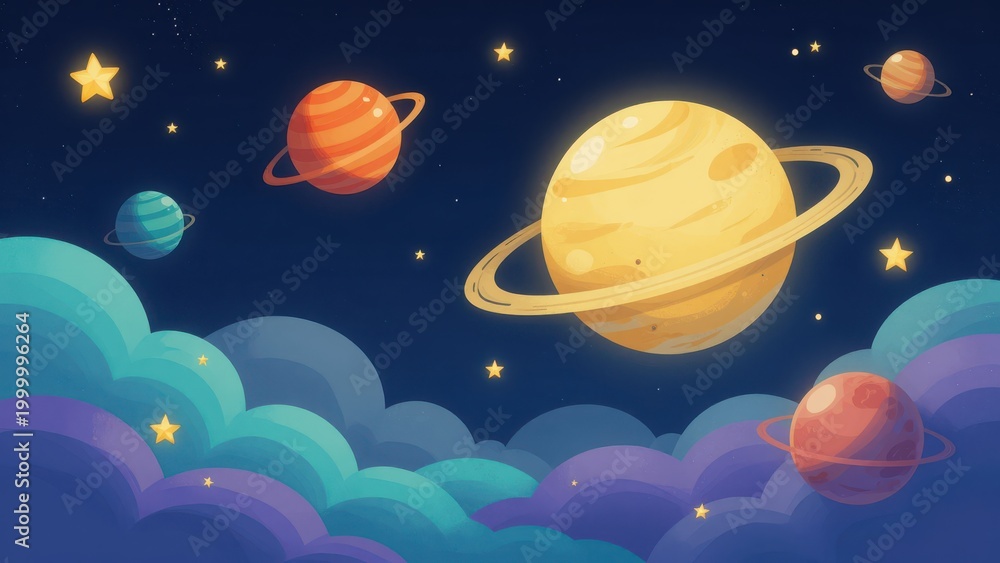 Naklejka premium Planets Floating among Colorful Clouds and Stars