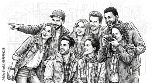 Diverse group of friends posing for a photograph in a casual outdoor setting.