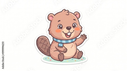 Cute cartoon beaver wearing a blue scarf, waving happily with a friendly smile, isolated on white background, adorable woodland creature illustration