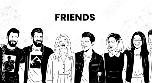 Diverse group of friends standing together smiling and laughing.