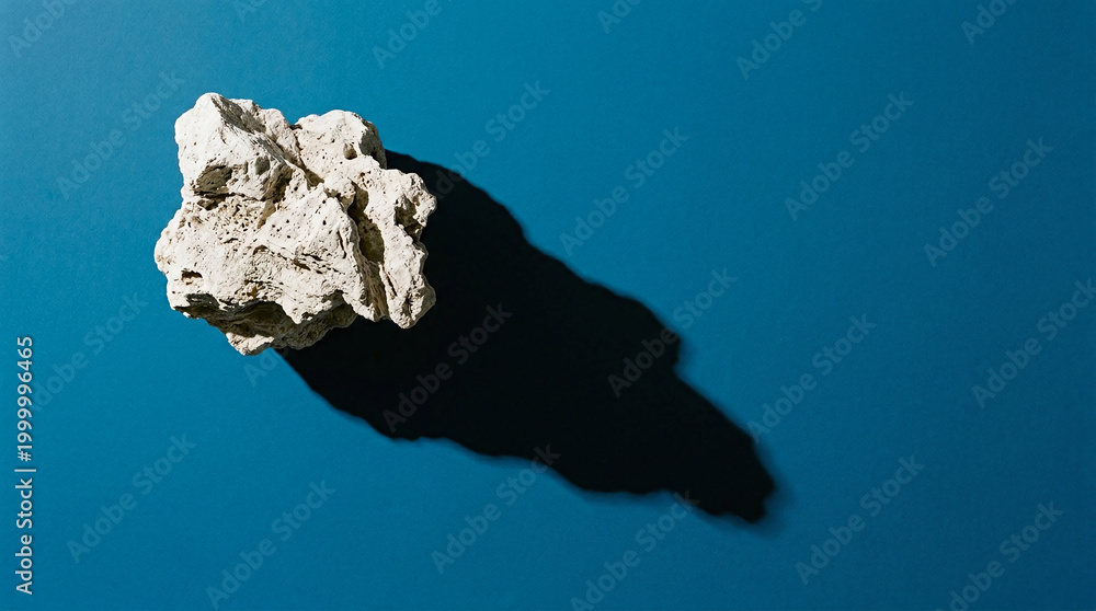 Obraz premium A single piece of jagged white porous pumice stone rests on a vibrant blue background casting a long shadow