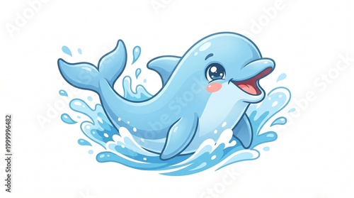 Cute cartoon dolphin jumping and splashing in the water with a joyful expression, playful marine life illustration