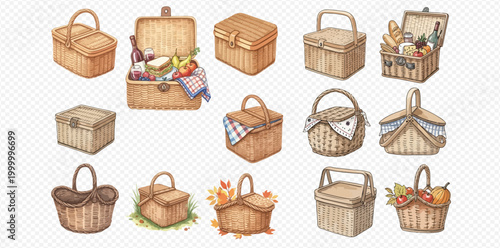 Collection of various watercolor picnic baskets and hampers, some filled with food and drinks, perfect for outdoor dining and leisure activities.