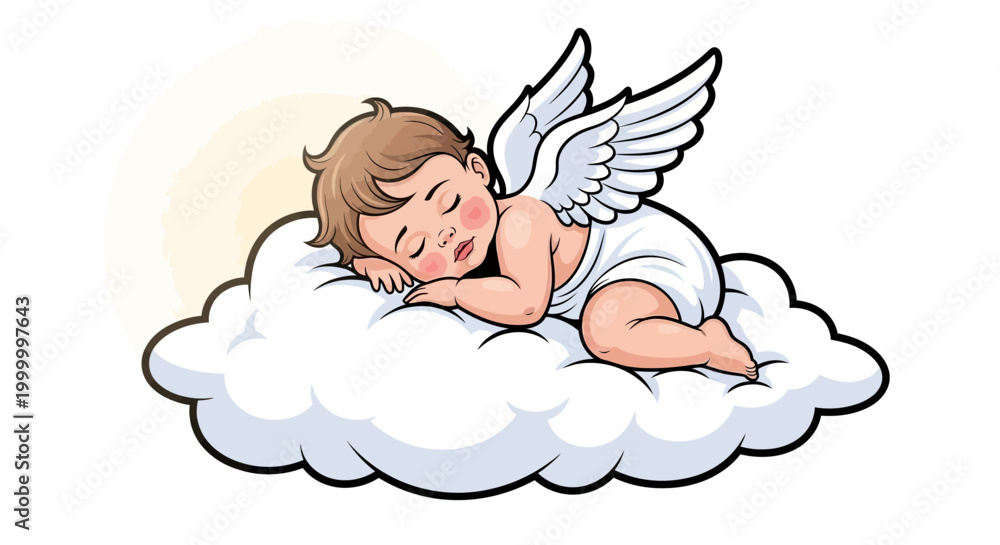 Fototapeta premium Cute Cartoon Baby Angel Sleeping Peacefully on a Fluffy White Cloud