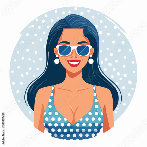 Smiling Woman in Sunglasses and Polka Dot Swimsuit