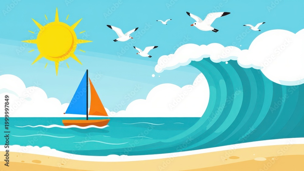 Naklejka premium Sailboat on Ocean with Large Wave and Seagulls Flying