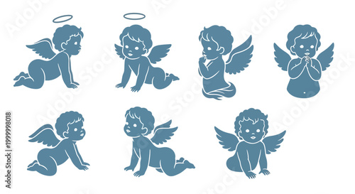 Set of Blue Baby Angel Cherub Illustrations in Various Poses