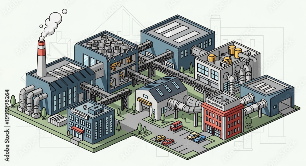 Fototapeta premium Isometric Illustration of a Complex Industrial Factory with Chimney.